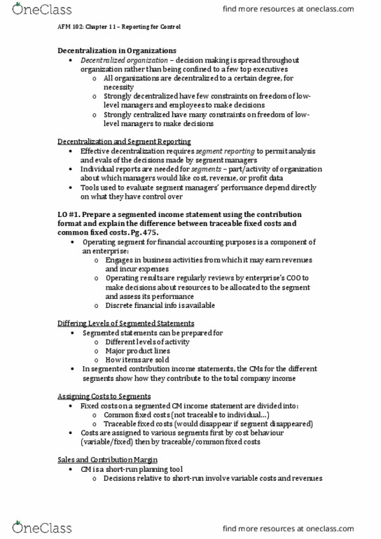 AFM102 Chapter Notes - Chapter 11: Fixed Cost, Income Statement, Contribution Margin thumbnail