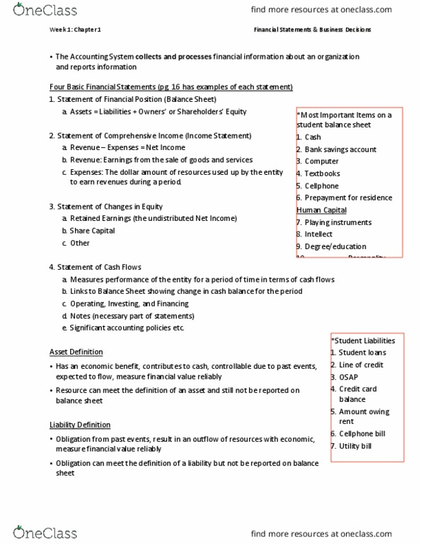 AFM121 Chapter Notes - Chapter 1: Financial Statement, Retained Earnings, Income Statement thumbnail