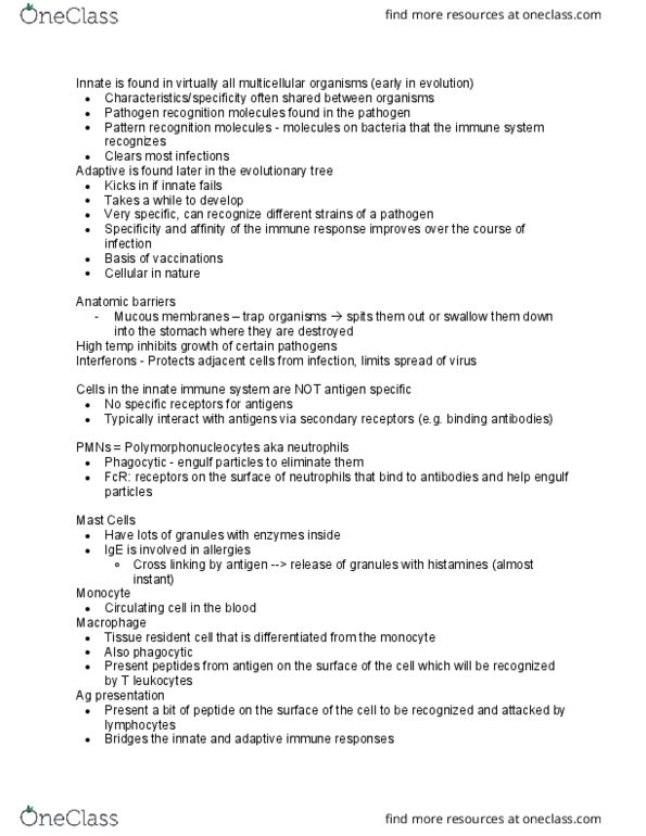 MIMG 185A Lecture Notes - Lecture 1: Innate Immune System, Mucous Membrane, Monocyte thumbnail