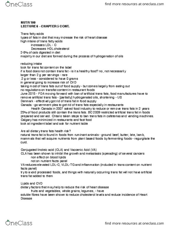 NUTR100 Lecture Notes - Lecture 6: Conjugated Linoleic Acid, Trans Fat, High-Density Lipoprotein thumbnail