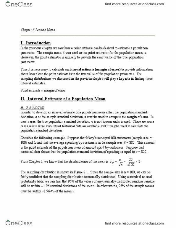 ECON 010 Chapter Notes - Chapter 8: Interval Estimation, Point Estimation, Standard Deviation thumbnail