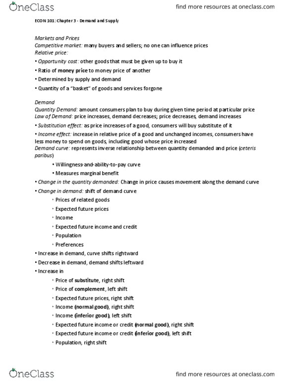 ECON101 Chapter Notes - Chapter 3: Ceteris Paribus, Demand Curve, Inferior Good thumbnail