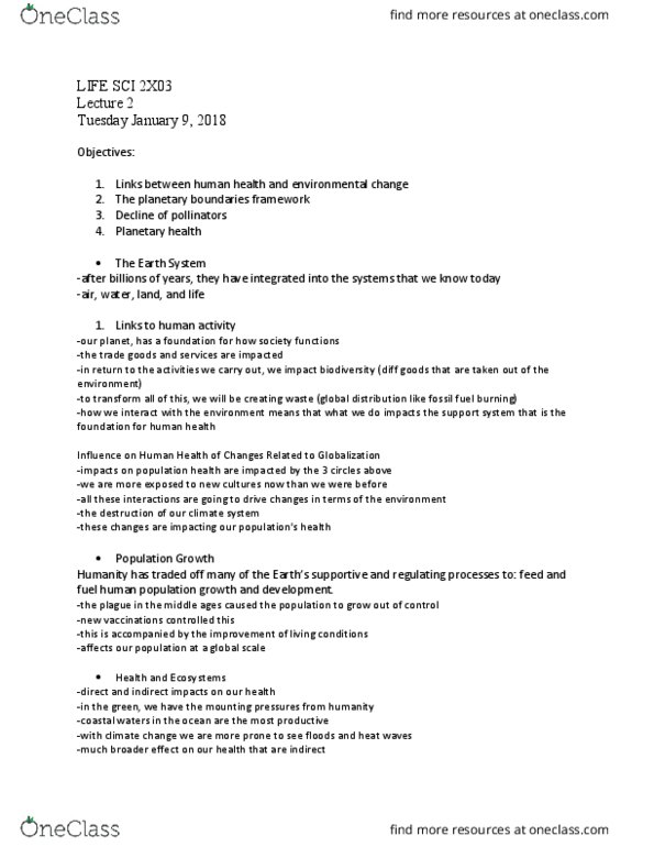 LIFESCI 2X03 Lecture Notes - Lecture 2: Planetary Health, Planetary Boundaries, Middle Ages thumbnail