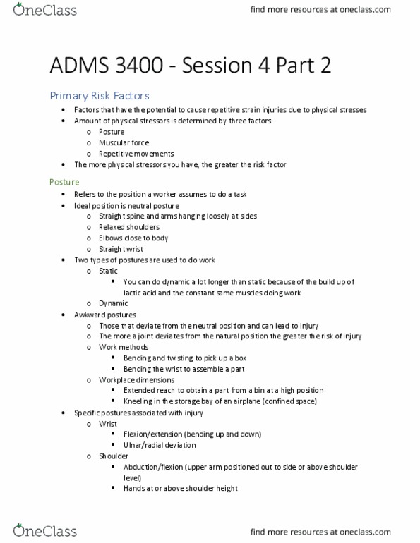 ADMS 3400 Lecture Notes - Lecture 4: Repetitive Strain Injury, Anthropometry, Human Science thumbnail