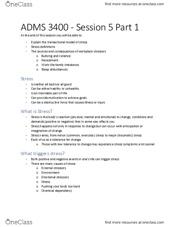 ADMS 3400 Lecture Notes - Lecture 5: Substance Dependence, Stress Management, Eustress thumbnail