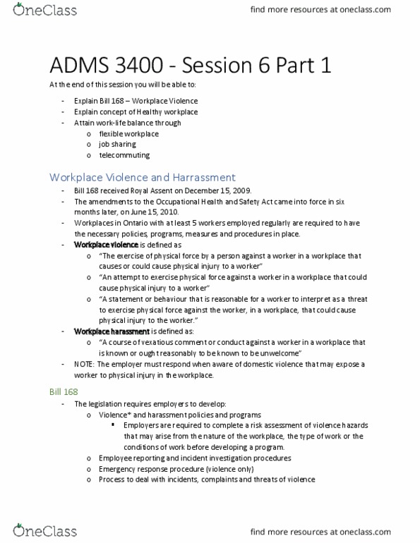 ADMS 3400 Lecture Notes - Lecture 6: Workplace Harassment, Workplace Violence, Major Trauma thumbnail