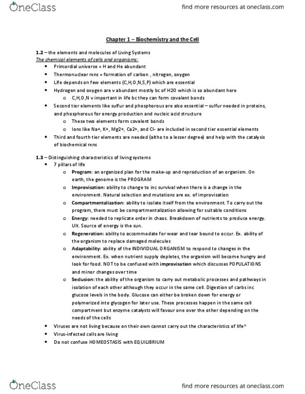 BIOCHEM 2EE3 Chapter Notes - Chapter 1: Covalent Bond, Glycogen, Natural Selection thumbnail