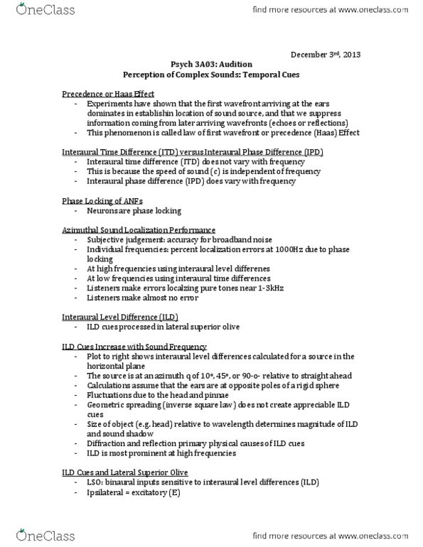 PSYCH 3A03 Lecture Notes - Interaural Time Difference, Inverse-Square Law, Sound Localization thumbnail