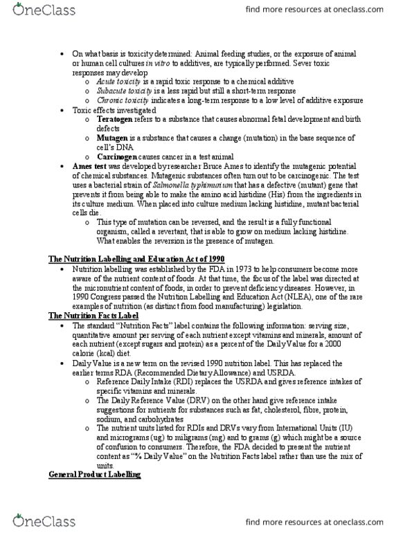 FOOD 2010 Lecture Notes - Lecture 4: Bruce Ames, Nutrition Facts Label, Chronic Toxicity thumbnail