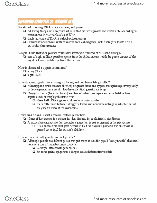 PSY BEH 101D Lecture Notes - Lecture 5: Twin, Egg Cell, Chromosome thumbnail