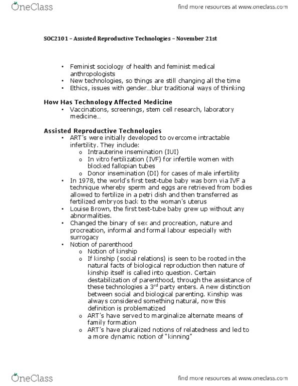 SOC 2101 Lecture Notes - Louise Brown, Fallopian Tube, Petri Dish thumbnail