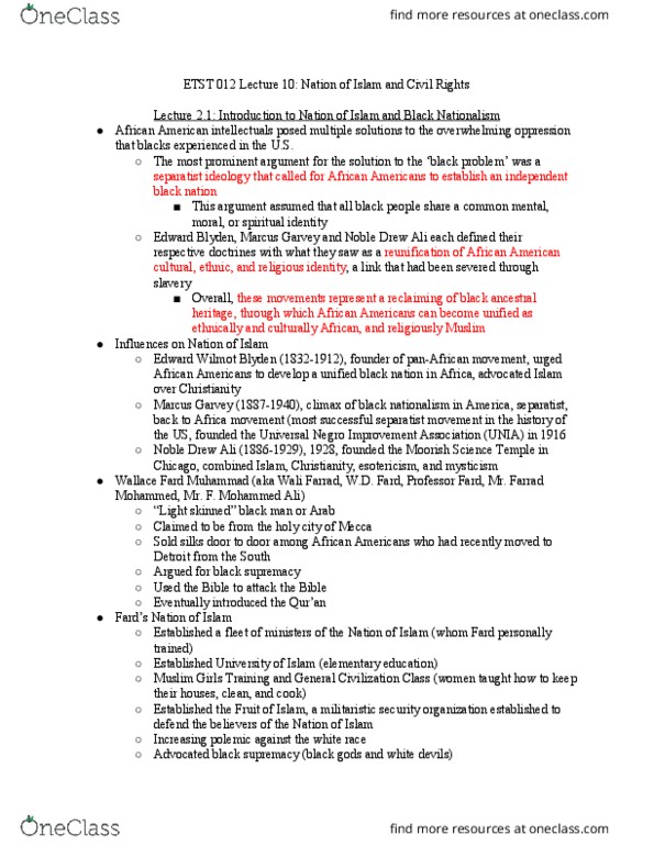 ETST 012 Lecture Notes - Lecture 10: Universal Negro Improvement Association And African Communities League, Edward Wilmot Blyden, Moorish Science Temple Of America thumbnail