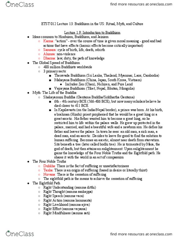 ETST 012 Lecture Notes - Lecture 13: Four Noble Truths, Vajrayana, Noble Eightfold Path thumbnail