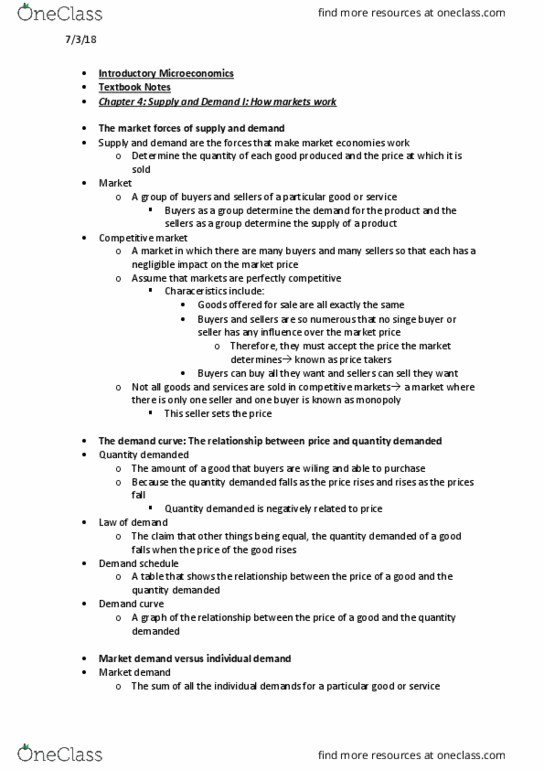 ECON10004 Chapter Notes - Chapter 4: Demand Curve, Perfect Competition, Takers thumbnail