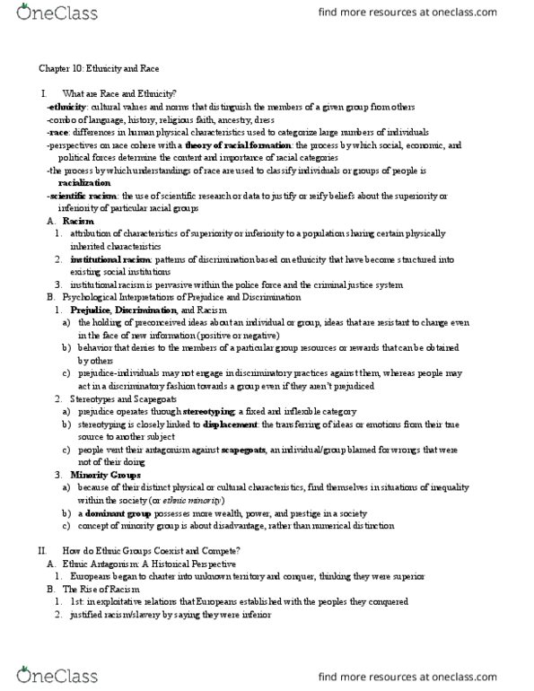 SOC 1 Chapter Notes - Chapter 10: Institutional Racism, Scientific Racism, Racialization thumbnail