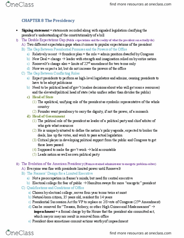 POLI 1 Chapter Notes - Chapter 8: Presidential Succession Act, Electoral College, Signing Statement thumbnail