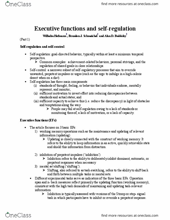 PSYC19H3 Chapter Notes - Chapter Hofmann: Executive Functions, Cognitive Psychology, Personality Psychology thumbnail