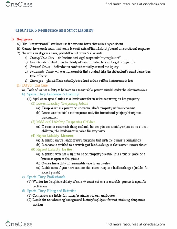 BUSI 18 Chapter Notes - Chapter 6: Strict Liability, Special Duty, Res Ipsa Loquitur thumbnail