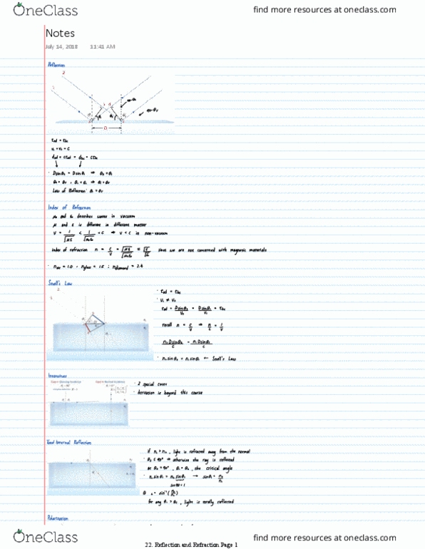 PHYS 121 Lecture Notes - Lecture 22: Refraction, Total Internal Reflection thumbnail