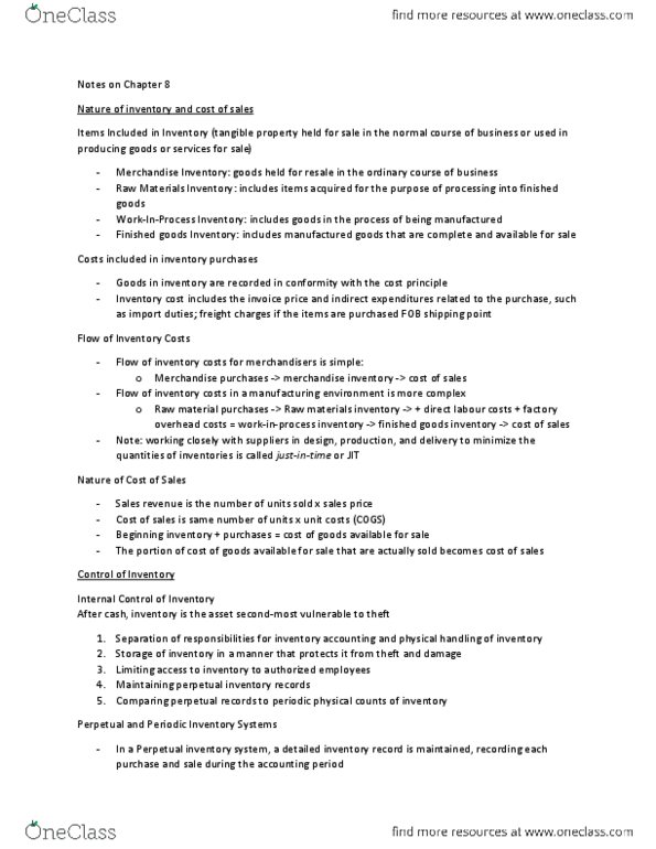 AFM101 Chapter Notes - Chapter 8: Retained Earnings, Inventory Turnover, Perpetual Inventory thumbnail