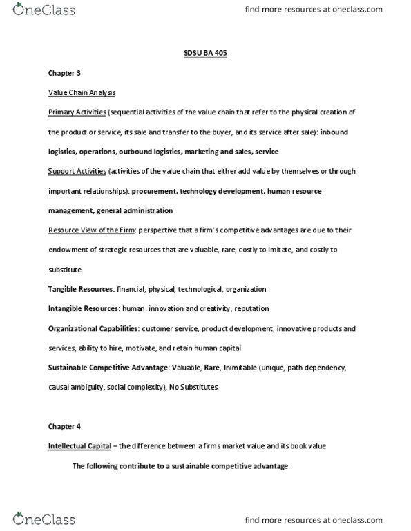 B A 405 Chapter Notes - Chapter 3-4: Resource-Based View, Human Resource Management, Path Dependence thumbnail