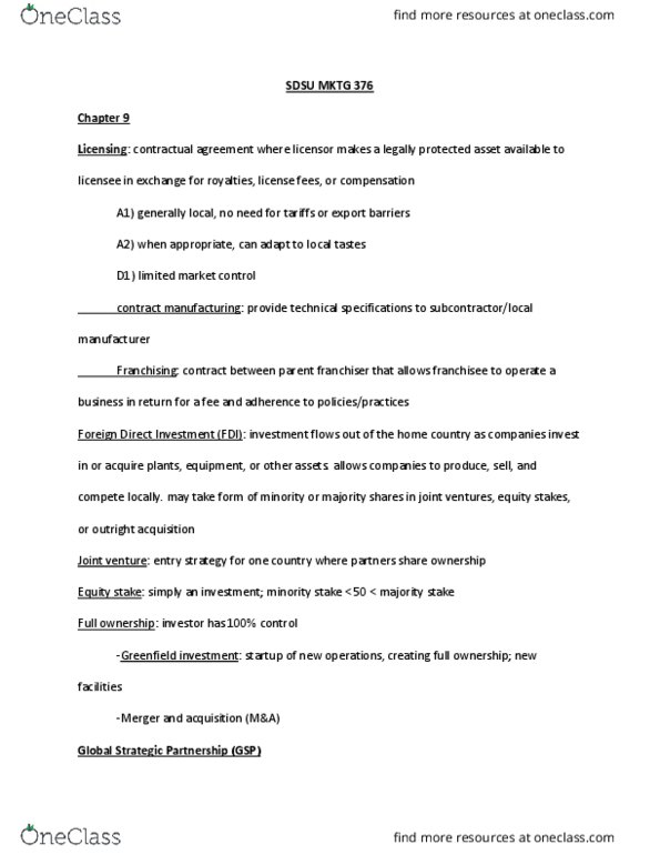 MKTG 376 Chapter Notes - Chapter 9: Foreign Direct Investment, Greenfield Project, Joint Venture thumbnail