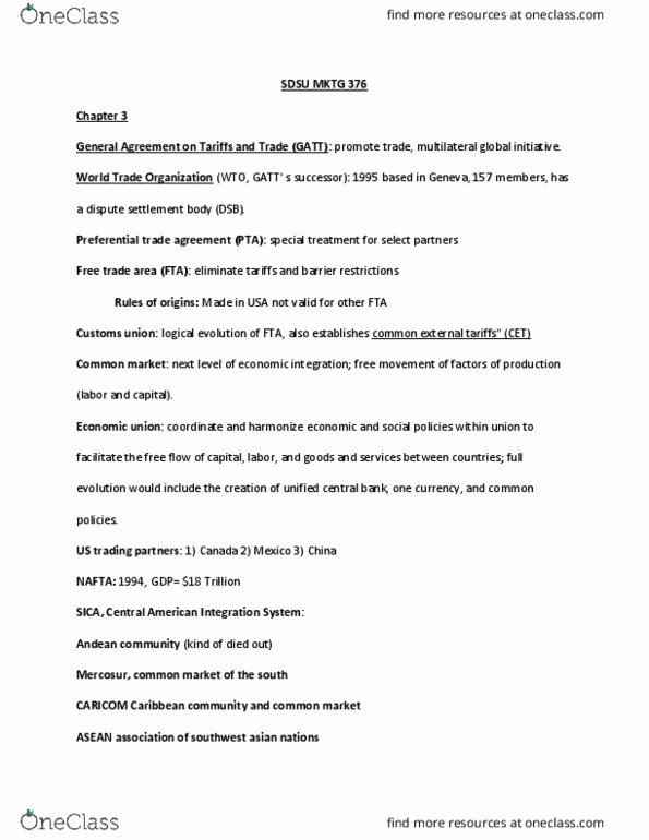 MKTG 376 Chapter Notes - Chapter 3: Central American Integration System, Dispute Settlement Body, Free-Trade Area thumbnail