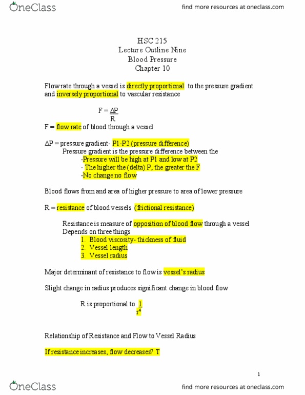 HSC 215 Lecture Notes - Lecture 10: Hemorheology, Pressure Gradient, Vascular Resistance thumbnail