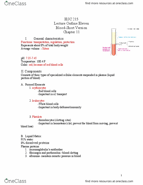 HSC 215 Lecture Notes - Lecture 11: Blood Plasma, Hemostasis, Red Blood Cell thumbnail