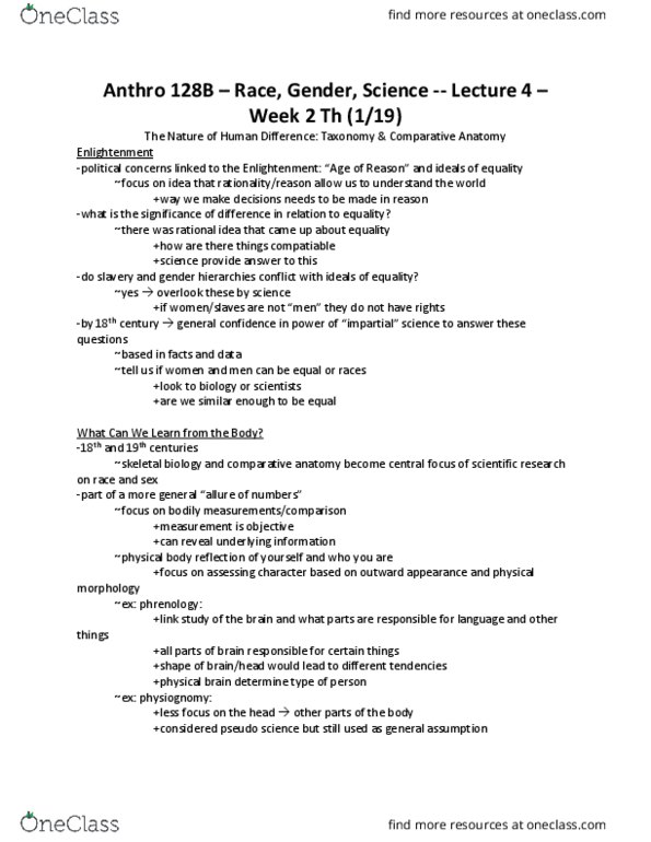 ANTHRO 128B Lecture Notes - Lecture 4: Physiognomy, Monogenism, Polygenism thumbnail