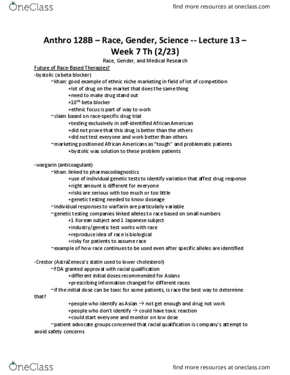 ANTHRO 128B Lecture Notes - Lecture 13: Beta Blocker, Genetic Testing, Rosuvastatin thumbnail