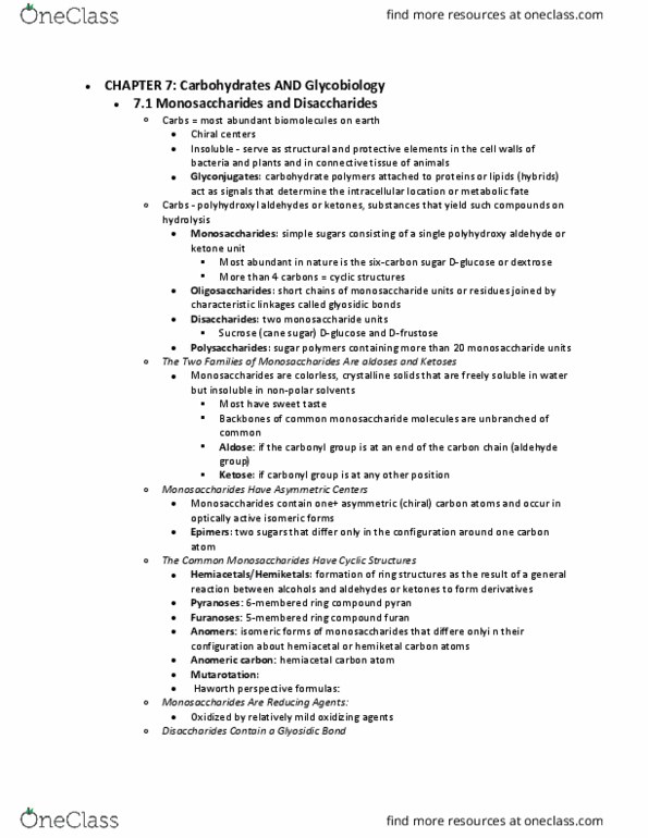 BIO SCI 98 Chapter Notes - Chapter 7: Anomer, Hemiacetal, Glycobiology thumbnail