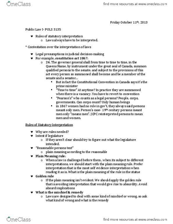 POLS 3135 Lecture Notes - Plain Meaning Rule, Golden Rule, Pith thumbnail