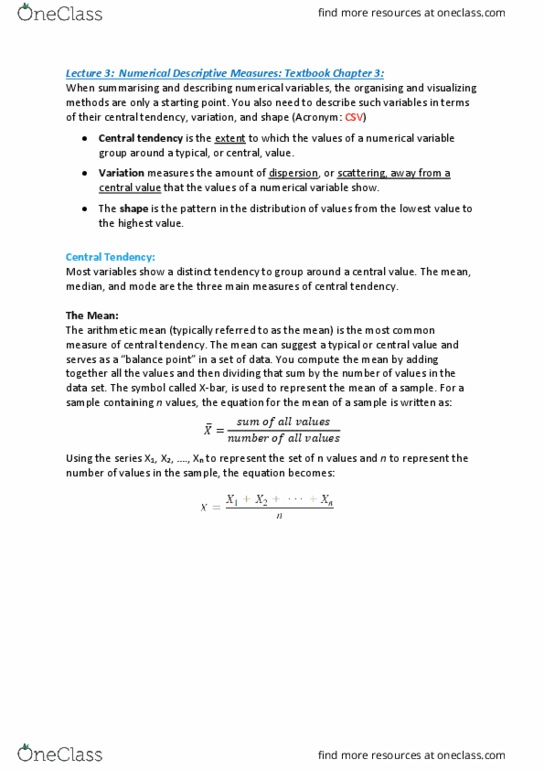 BUSS1020 Lecture Notes - Lecture 3: Central Tendency, Acronym, Skewness thumbnail
