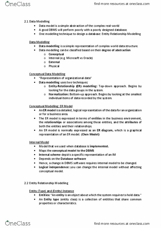 INFS1603 Lecture Notes - Lecture 2: Chen Model, Data Model, Data Modeling thumbnail