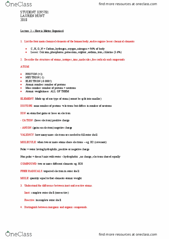 HUBS1403 Lecture Notes - Lecture 2: Unpaired Electron, Atomic Number, Mass Number thumbnail