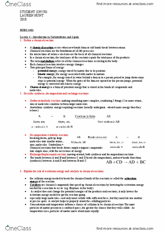 HUBS1403 Lecture Notes - Lecture 4: Catabolism, Activation Energy, Chemical Energy thumbnail