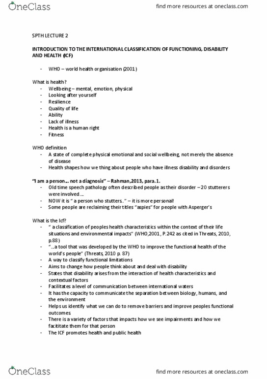 SPTH1001 Lecture Notes - Lecture 2: International Classification Of Functioning, Disability And Health, Speech-Language Pathology, Asperger Syndrome thumbnail