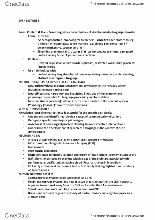 SPTH1001 Lecture Notes - Lecture 3: Grammatical Tense, Speech-Language Pathology, Peripheral Nervous System thumbnail