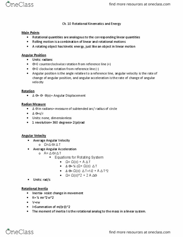 PHYS 1051 Lecture Notes - Lecture 13: Angular Velocity, Angular Acceleration thumbnail