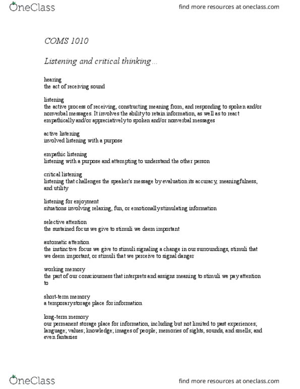 COMS 1010 Lecture Notes - Lecture 2: Active Listening, Critical Thinking thumbnail