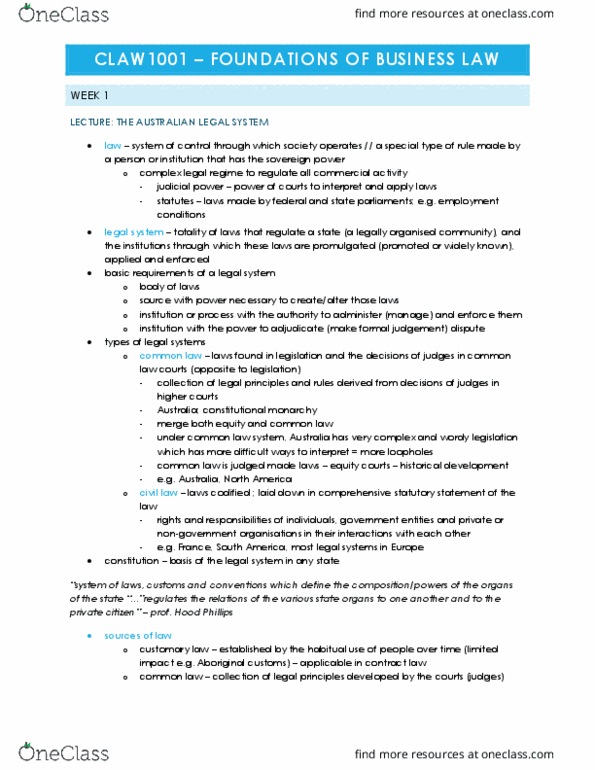 CLAW1001 Lecture Notes - Lecture 1: Constitution Of Australia, Responsible Government, Precedent thumbnail