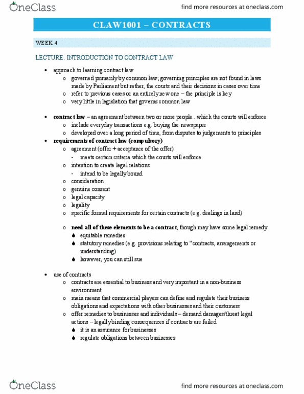 CLAW1001 Lecture Notes - Lecture 4: Gijsbert Van Tienhoven, Contract, Consumer Protection thumbnail