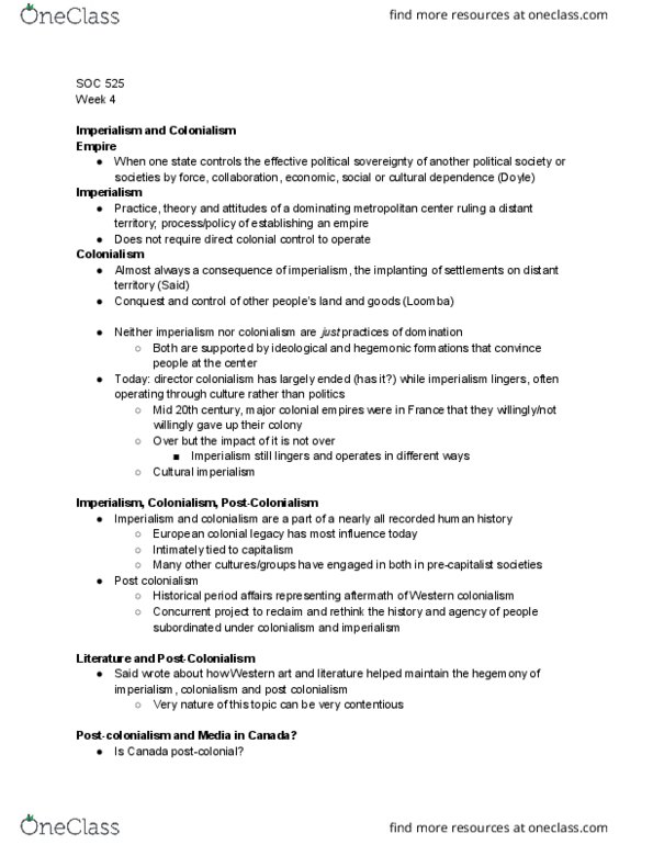SOC 525 Lecture Notes - Lecture 4: Cultural Imperialism, Indian Act, Aboriginal Peoples Television Network thumbnail