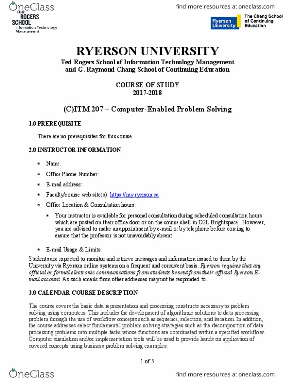 ITM 207 Lecture Notes - Lecture 1: Ryerson University, Computer Simulation, Final Grades thumbnail
