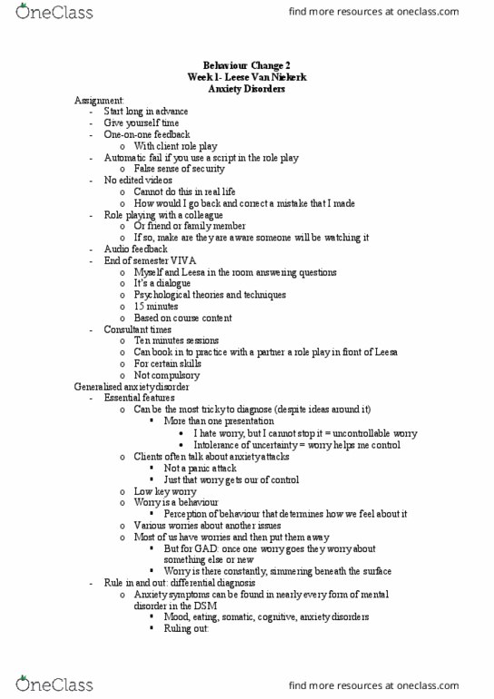 KHA735 Lecture Notes - Lecture 1: Anxiety Disorder, Audio Feedback, Panic Disorder thumbnail