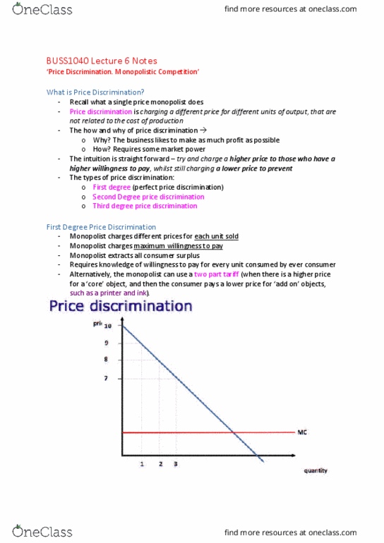 BUSS1040 Lecture Notes - Lecture 6: Monopolistic Competition, Price Discrimination, Economic Surplus thumbnail