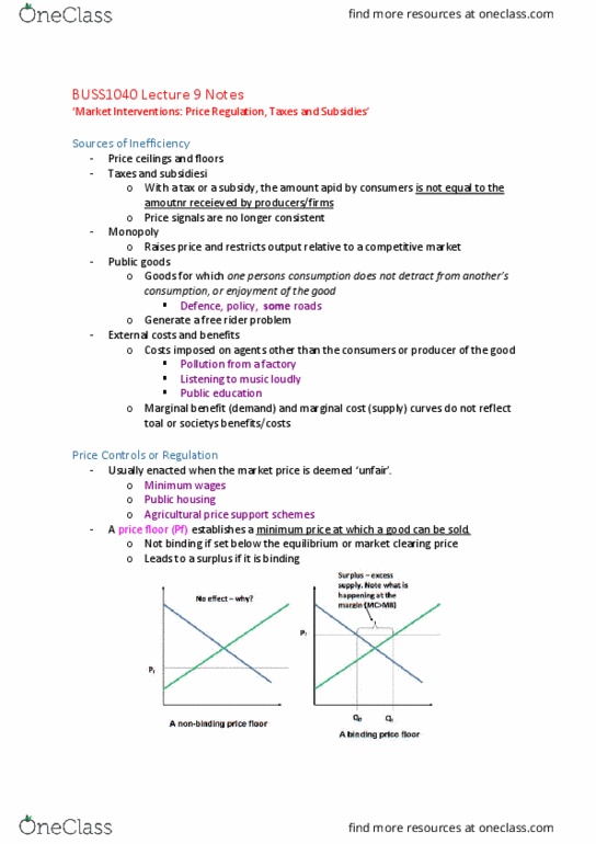 BUSS1040 Lecture Notes - Lecture 9: Free Rider Problem, Price Ceiling, Price Floor thumbnail