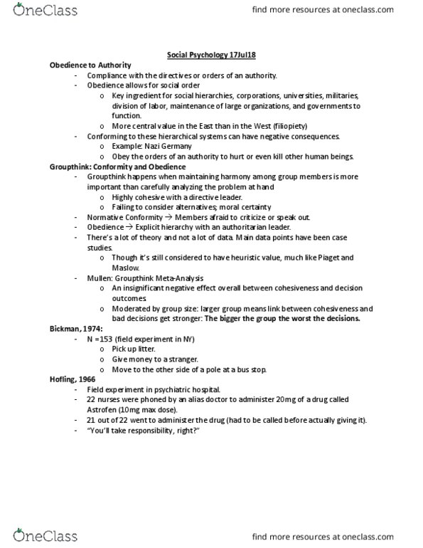 PSYC 6 Lecture Notes - Lecture 5: Field Experiment, Groupthink, Longitudinal Study thumbnail