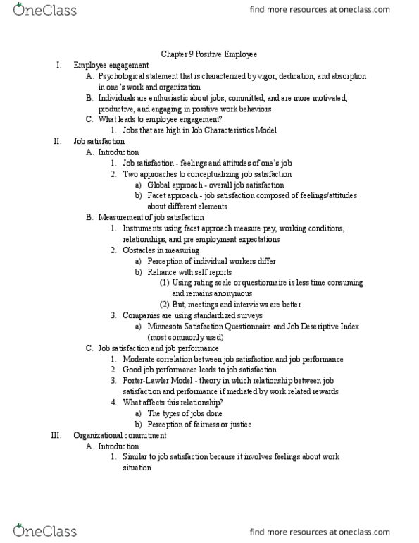 PSY BEH 185S Chapter Notes - Chapter 9: Job Satisfaction, Employee Engagement, Model Theory thumbnail